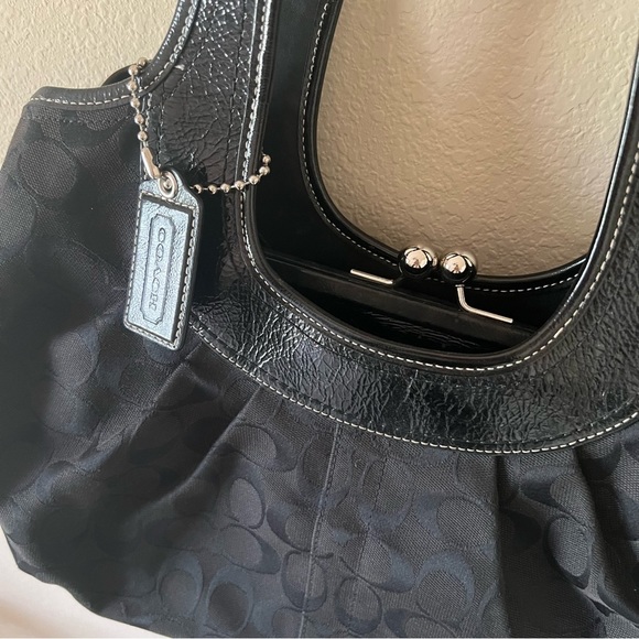 COACH Black Logo Canvas with Patent Leather Trim Shoulder Kiss-lock Satchel - Picture 11 of 12